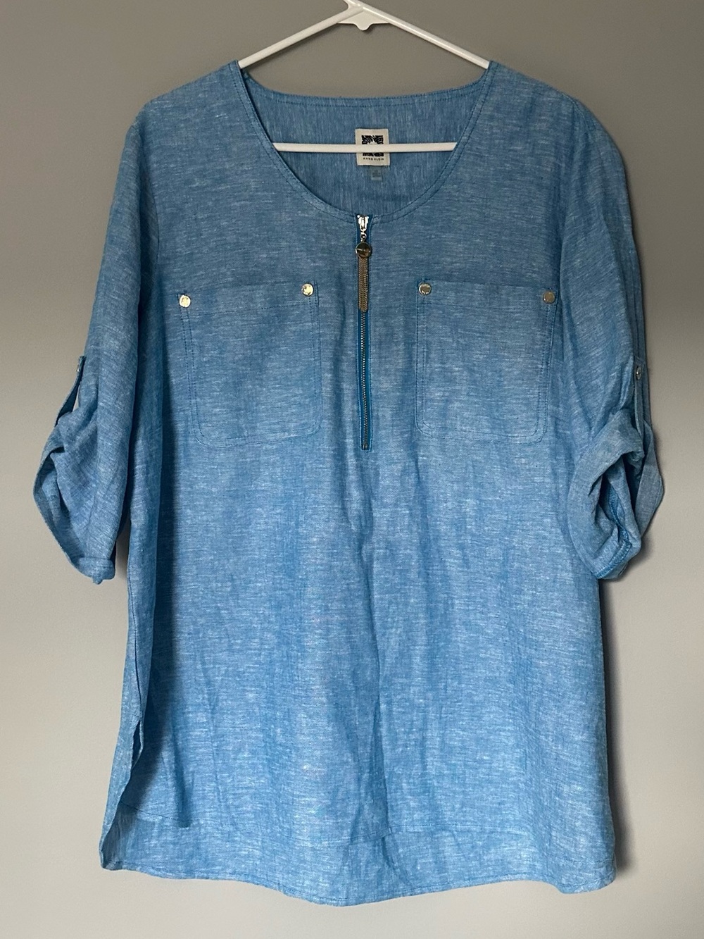 Anne Klein Light Blue Zip-Tunic with Roll-Tab Sleeves